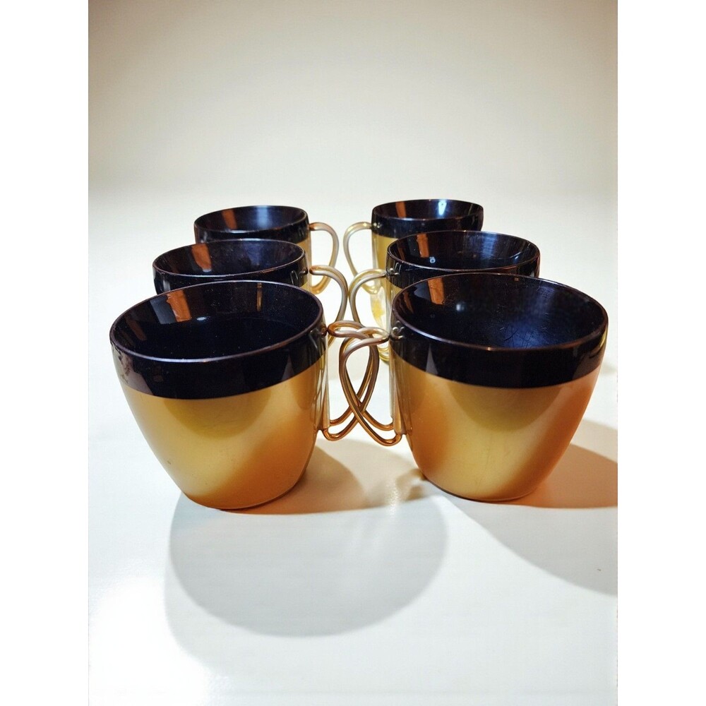 Vintage MCM Black & Gold Thermal Cups Set of 6 Space Age Atomic Retro Camping